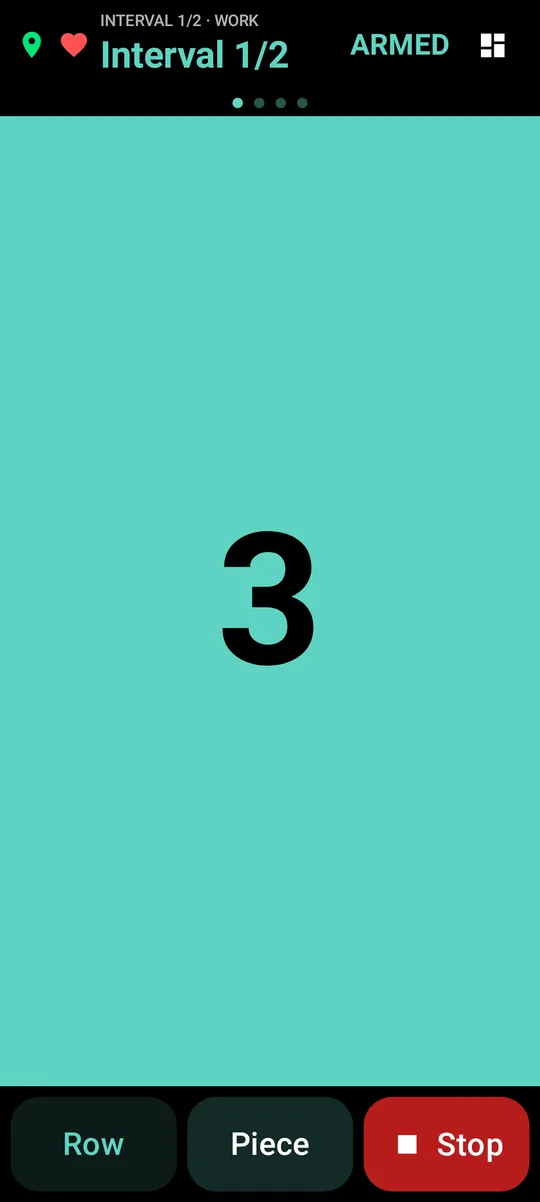 Full-screen countdown showing 3 before an interval