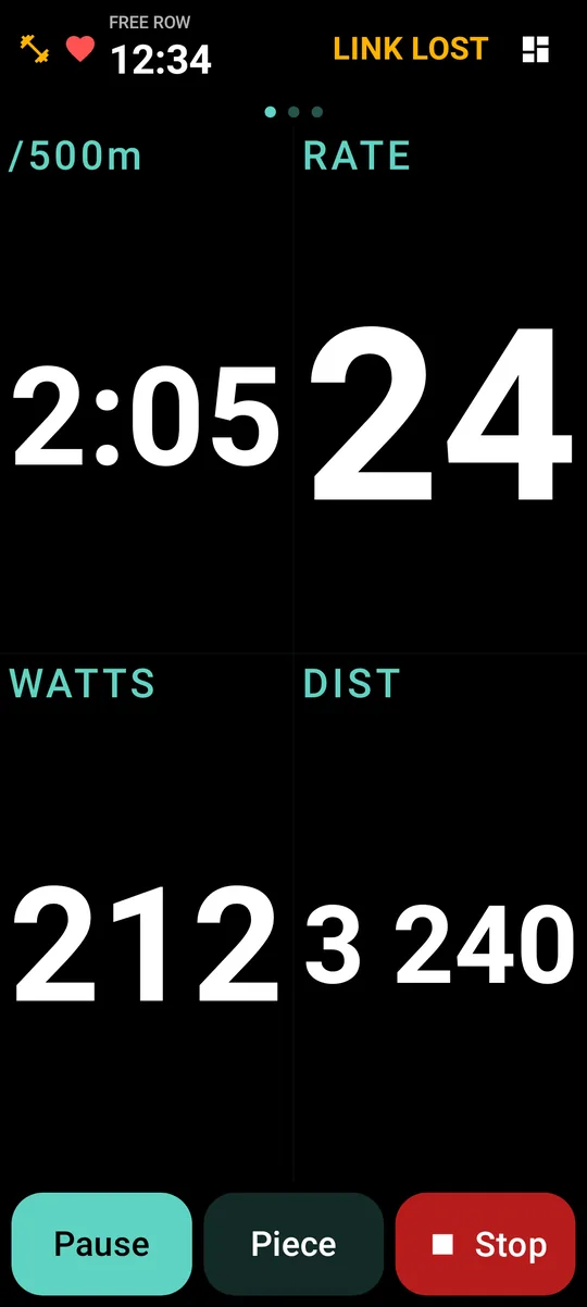 Erg row screen: split, rate, watts and distance, with a Link lost warning in the header