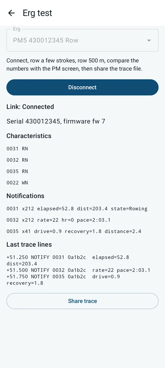 Erg test screen: the connected PM5, its characteristics, decoded notifications and the last trace lines