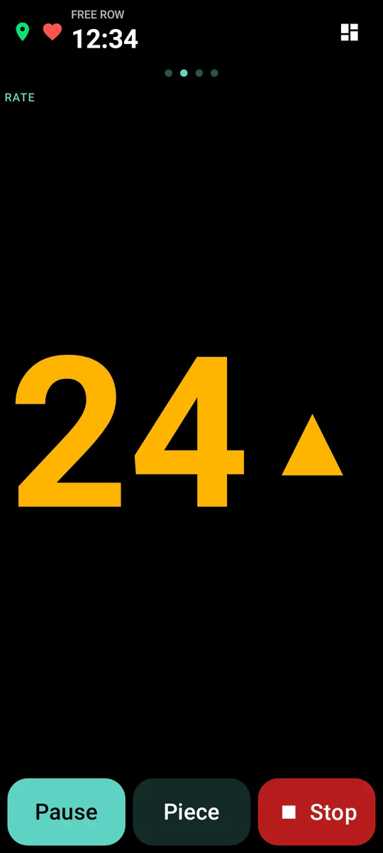 Focus page: one huge number, the stroke rate 24, with an arrow pointing up to the target band