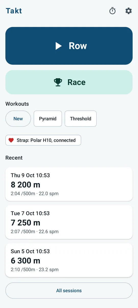 Home screen: a large Row button, a Race button, workout chips, the strap status and recent sessions