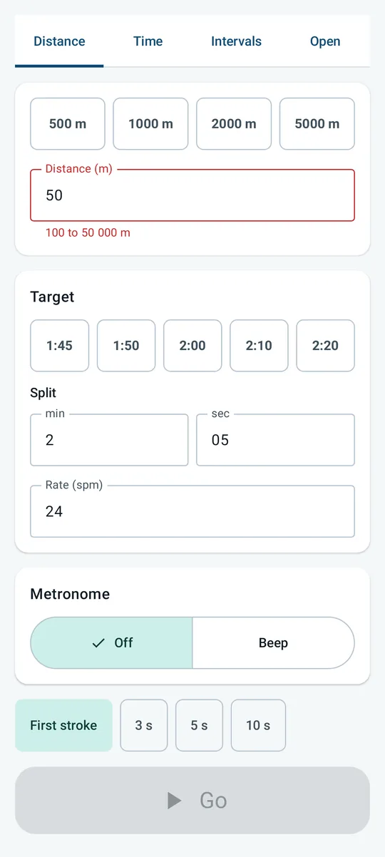 Piece setup: distance chips, a distance field with a range error, target split and rate, metronome, and countdown chips
