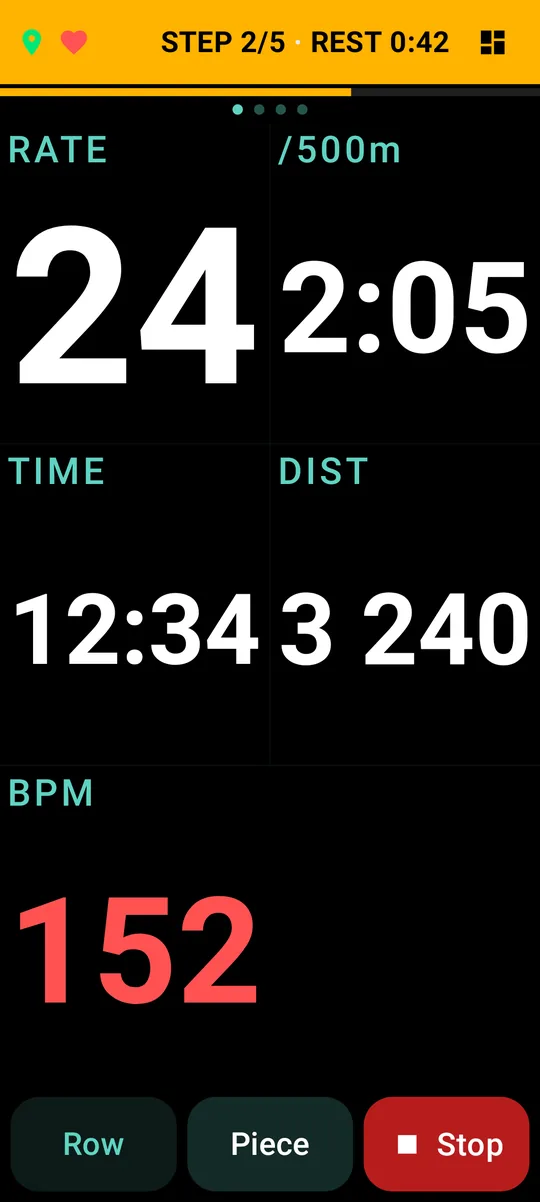 Row screen during a workout rest: step 2 of 5, rest 0:42 in the header