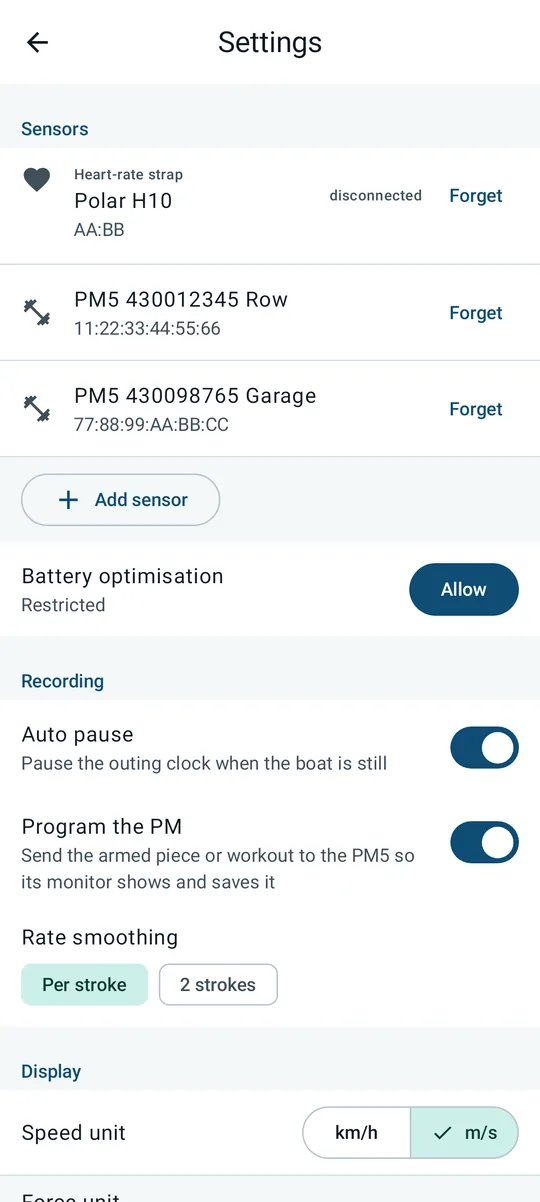 Settings: sensors with a strap and two saved ergs, battery optimisation, recording and display options