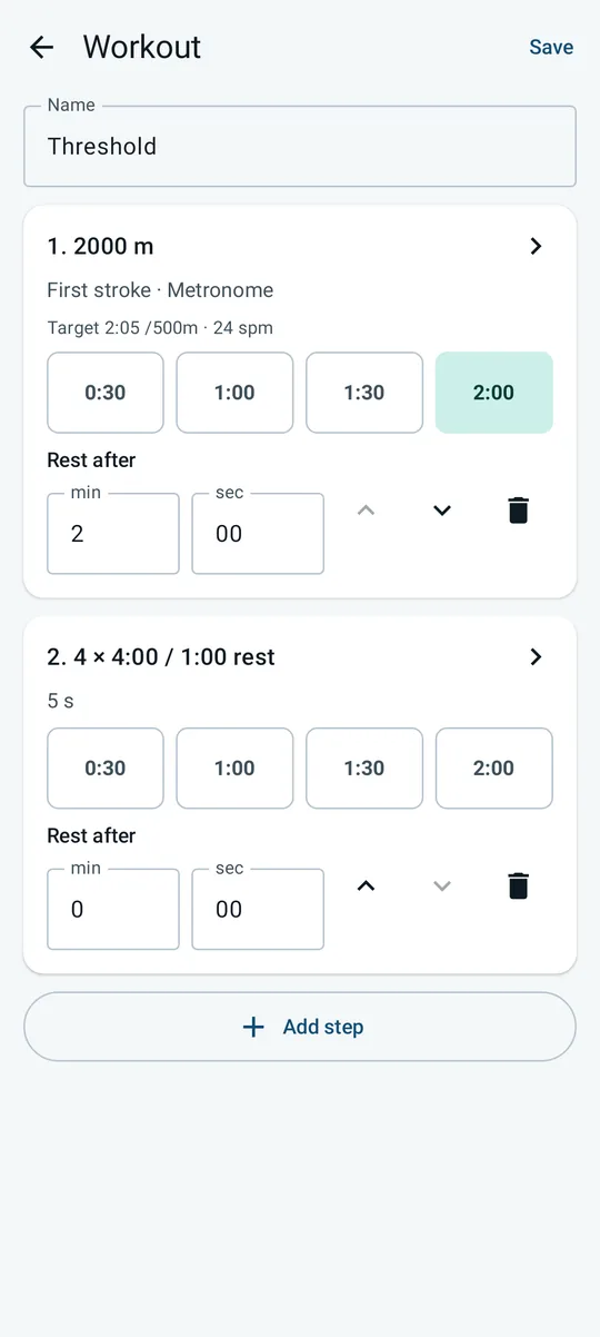 Workout editor: a named workout with a 2000 m step and a 4 by 4:00 interval step, each with a rest after